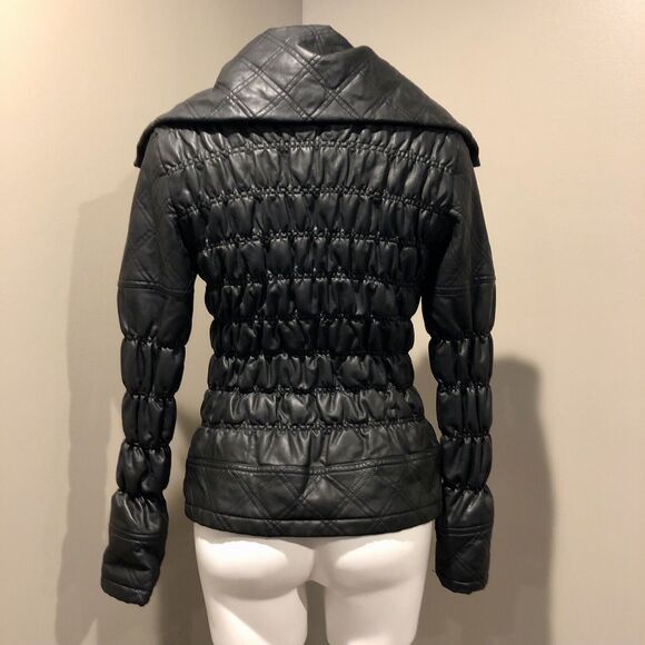 Katherine Barclay Faux Leather Coat Small Black Puffer Stretch Funnel Neck - Picture 4 of 14
